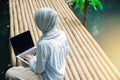 Young asia muslim woman work out office chill on green nature park concept for female entrepreneur job on chic workplace,