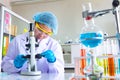Young Asia woman scientist working in laboratory.She is looking microscope. Royalty Free Stock Photo