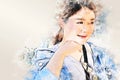 Young Asia woman smile portrait in the capital city on watercolor illustration painting background Royalty Free Stock Photo