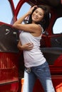 Young Asian Beauty Red Truck Royalty Free Stock Photo