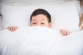 Boy close lower part of his face with white blanket