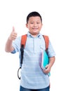 Boy holding notebook and showing thumb up over white Royalty Free Stock Photo