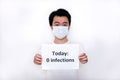 Young Asian boy holding a paper with 0 infections notice