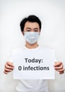 Young Asian boy holding a paper with 0 infections notice