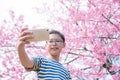 Young boy using smart phone taking photo himself in front of pink cherry tree Royalty Free Stock Photo