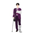 Young asian business man with broken leg bandage cast walking using crutches Royalty Free Stock Photo