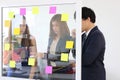 Young Asian business people use post it notes on glass wall to share idea at meeting room. Teamwork and brainstorm concept Royalty Free Stock Photo