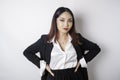 Young Asian business woman in black suit feeling serious and focus staring at camera Royalty Free Stock Photo