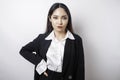 Young Asian business woman in black suit feeling serious and focus staring at camera Royalty Free Stock Photo