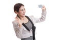 Young Asian business woman happy with blank card. Royalty Free Stock Photo