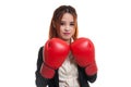 Young Asian business woman with red boxing gloves. Royalty Free Stock Photo