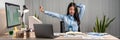 Young Asian Business woman sitting on the chair stretching herself and exercise for relaxation while working at office Royalty Free Stock Photo