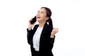 Young asian business woman in suit talking on smart phone isolated on white background. Royalty Free Stock Photo