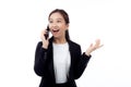 Young asian business woman in suit talking on smart phone isolated on white background. Royalty Free Stock Photo