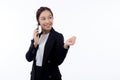 Young asian business woman in suit talking on smart phone isolated on white background. Royalty Free Stock Photo