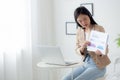 Young asian business woman using laptop computer for video conference online, businesswoman working with video call for meeting. Royalty Free Stock Photo