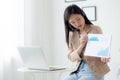 Young asian business woman using laptop computer for video conference online. Royalty Free Stock Photo