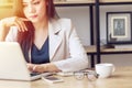 young Asian business woman at work. beautiful Asian woman in casual suit working with computer laptop in modern office. freelance Royalty Free Stock Photo