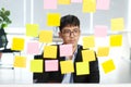 Young asian businessman thinking while reading sticky notes at office, business brainstroming creative planing ideas to success in Royalty Free Stock Photo