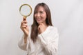 Young asian businesswoman holding magnifying glass over white background, analysis and finance concept Royalty Free Stock Photo