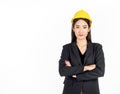 Young Asian businesswoman wearing black suit and yellow safety helmet. Portrait of female engineer looking confident Royalty Free Stock Photo