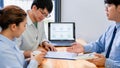 Young Asian couple feeling happy and pleasant after received advice discussion about financial planning for investment at the Royalty Free Stock Photo