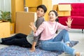 Boyfriend  lovers move the cardboard boxes to new family house Royalty Free Stock Photo