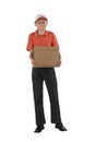 Young asian courier holding a cardboard box while standing