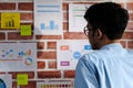 Young asian creative man reading and thinking about paper work on office wall with concentration, Working  asia man reading Royalty Free Stock Photo