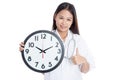 Young Asian female doctor thumbs up with a clock