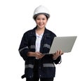 Young asian female engineer with laptop computer isolated on white background with clipping path Royalty Free Stock Photo