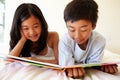 Young Asian girl and boy reading book Royalty Free Stock Photo