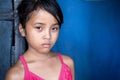 Young Asian girl in poverty over blue