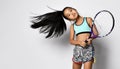 Young asian girl preteen big tennis player studio shot Royalty Free Stock Photo