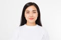 Young asian girl on white background. Copy space. Mock up. Skin care concept. Woman macro face