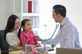 Young Asian man in glasses with stethoscope clecking and examinate by listening to heartbeat of little girl sitting with mother