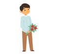 Young Asian man holding bouquet of red roses smiling gently. Casual attire, romantic gesture, gift of flowers vector