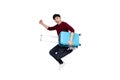 Asian man jumping with suitcase travel bag isolated on white background