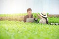 Young asian man scientist check the quality control of the agriculture food with asian woman farmer in greenhouse organic nursery Royalty Free Stock Photo