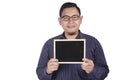 Young Asian Man Smiling and Presenting Empty Copy Space Blackboard