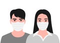 Young asian man and woman face in respiratory protective mask. Disease protection. Dangerous cases of flu. Medical