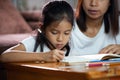 Young asian mother helping her daughter do her homework at home. Royalty Free Stock Photo