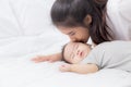 Young asian mother kiss cheek of little baby girl with tender on bed in the bedroom.