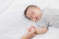 Young asian mother touch hand of little baby girl with tender on bed in the bedroom. Royalty Free Stock Photo