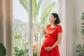 Young Asian pregnant holding phone and standing behind the window