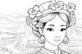 Young Asian princess portrait coloring page. Outline black ink drawing antistress coloring book meadow isolated on