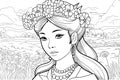 Young Asian princess portrait coloring page. Outline black ink drawing antistress coloring book meadow isolated on white