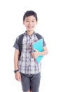 Young schoolboy with backpack smiling over white Royalty Free Stock Photo