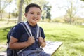 Young Asian schoolboy with backpack smiling to camera Royalty Free Stock Photo