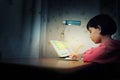 Little schoolgirl does homework in the evening. Royalty Free Stock Photo